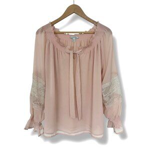 Boston Proper Pink Semi-Sheer Tie-Neck Chiffon‎ Blouse Size 8 M Top Shirt Tunic